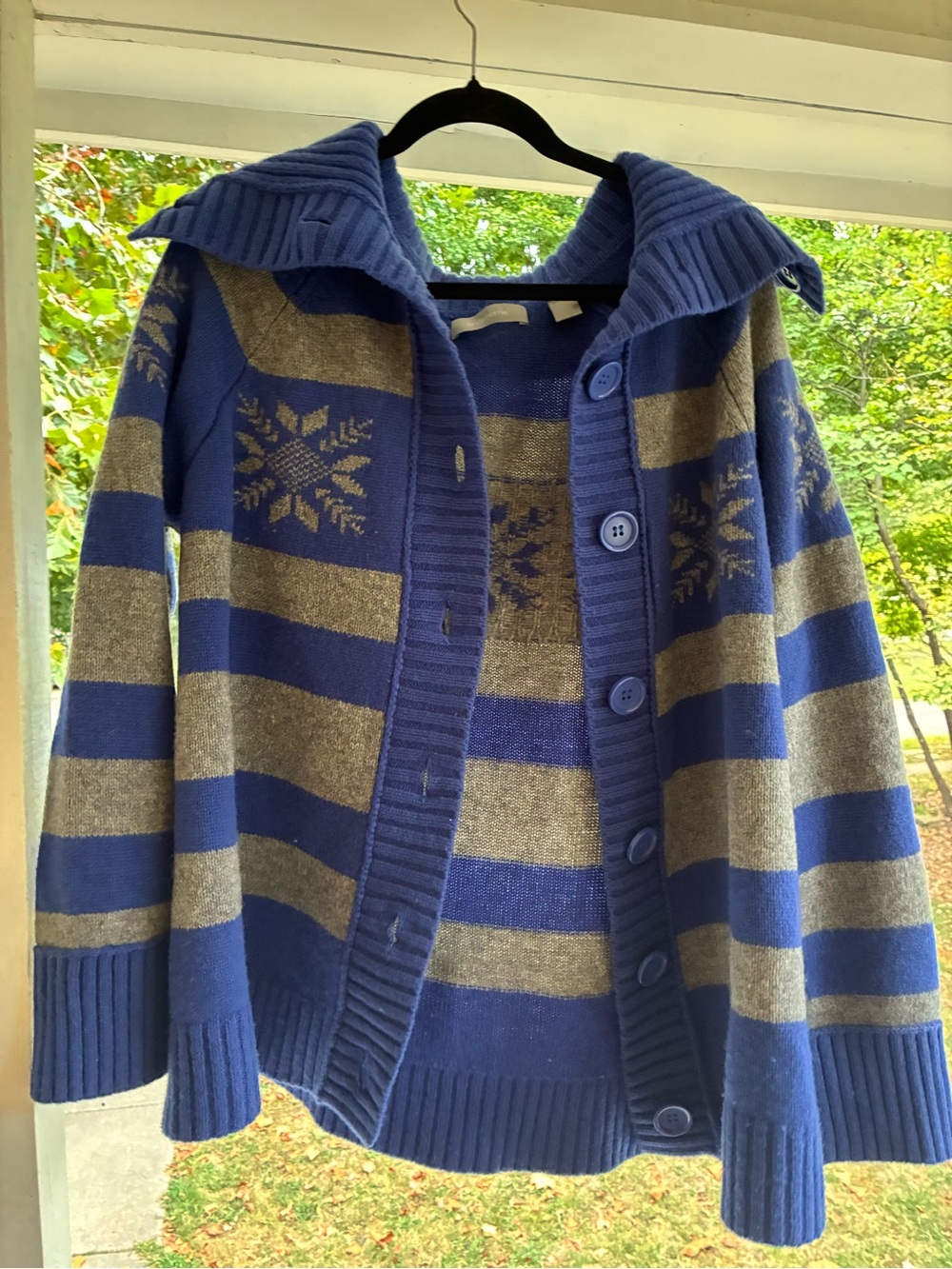 Blue and Gray 100% Lambswool Striped Cardigan Jacket with Snowflake Motif